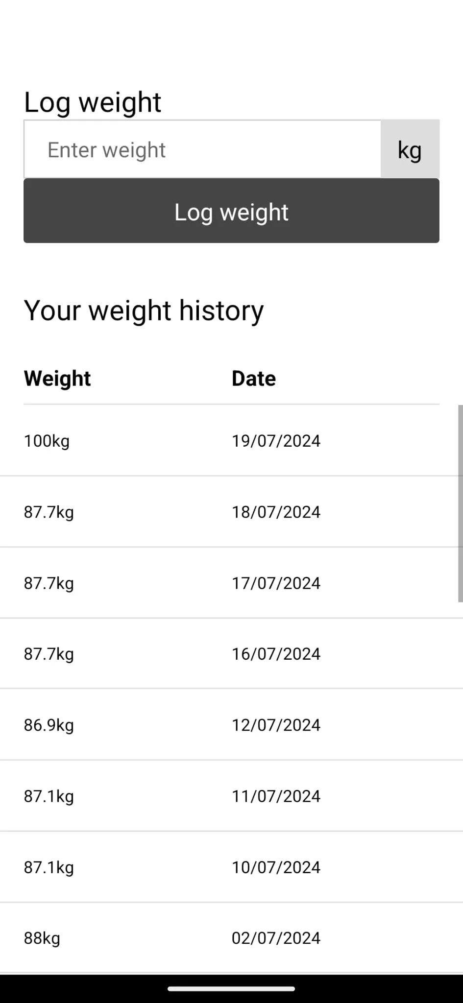 The log weight screen in our app